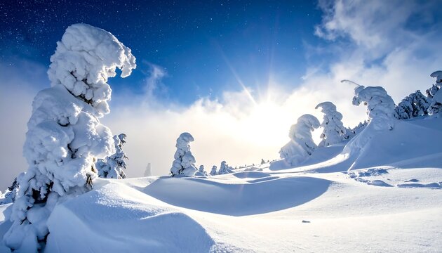 A snow-covered landscape under a brilliant sun. Trees are coated in fluffy snow, and a clear blue sky is visible