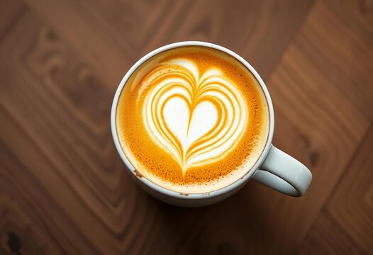Aromatic cappuccino with espresso shot, heart & leaf latte art, white, drink