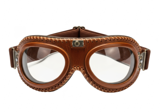 Vintage aviator goggles, isolated on transparent background, featuring brown leather frames, clear lenses, and adjustable straps, perfect for steampunk enthusiasts and retro fashion lovers