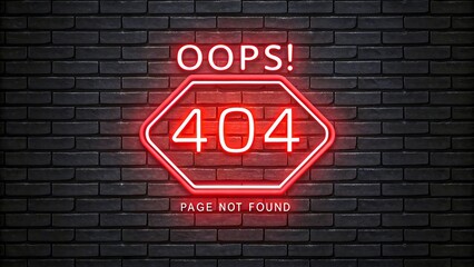 Fototapeta premium Neon 404 error page not found sign glowing on dark brick wall background 