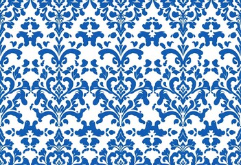 Fototapeta premium Blue and white damask ikat floral seamless pattern Aztec-inspired baroque design for textile, fabric, and decor, texture, wallpaper