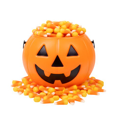 Candy corn sitting alone on a white background. Halloween vibes. A bucket filled with a Halloween pumpkin Jack-o-lantern and candy corn for the Halloween festivities.