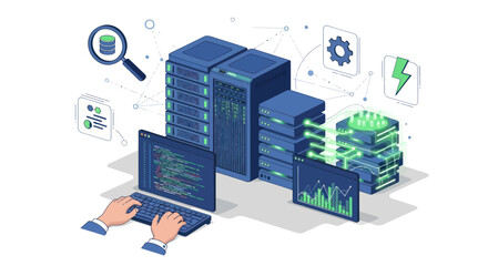 Modern Data Center Servers with Network and Analytics Displays.