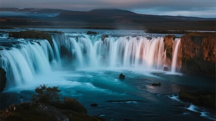 Fototapeta premium A wide waterfall cascades into a turquoise river at dusk, surrounded by rugged terrain and misty hills.