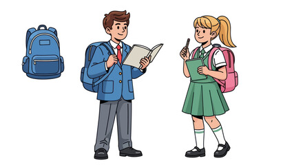 Two cartoon schoolchildren with backpacks and books ready for learning.