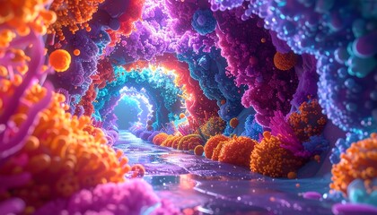 Colorful, abstract, tunnel-like structure with vibrant, organic forms