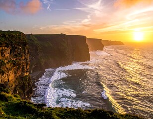 Coastal cliffs with crashing waves and sunset hues