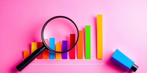Colorful bar graph with magnifying glass on pink background,  increase,  illustration