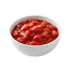 Tomatoes sitting in a white bowl, isolated against a white background with a clipping path, focused from front to back.
