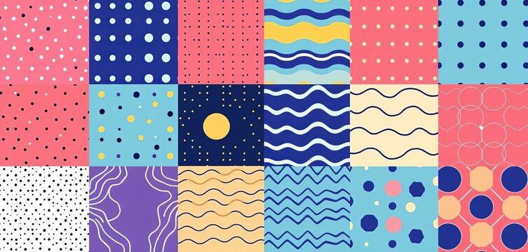 Collection of minimalist geometric seamless patterns featuring dots, lines, squares, polka dots, waves, zigzags, diamonds, diagonals, hexagons, and repeating backgrounds,  trend,  background