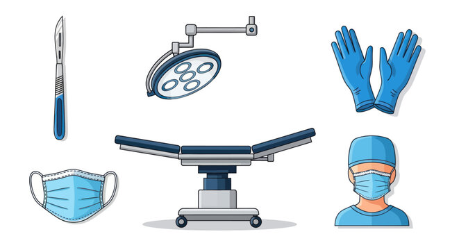 Vector Illustration of Essential Surgical Tools and Medical Equipment Set.