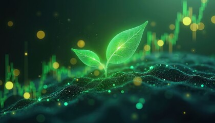 Green seedling glows on digital graph background. Eco business growth trend shows rising profits and green tech development. Planet care and finance merge.