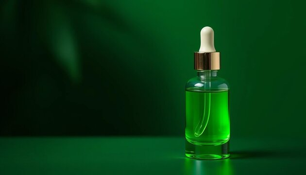 Elegant green glass serum bottle on dark green background  ,  template,  spa