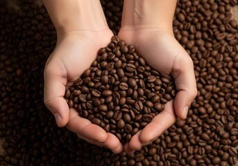 Fresh Coffee Beans in Cupped Hands Close Up Artisan Roasted Organic