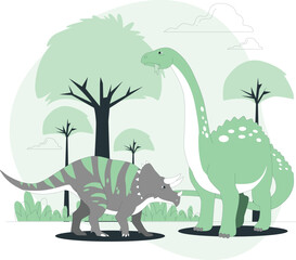 Two Dinosaurs in a Prehistoric Forest Illustration Keywords: dinosaurs, prehistoric, jurassic, cretaceous, ancient, extinct, animals, wildlife, nature, forest, trees, plants, landscape
