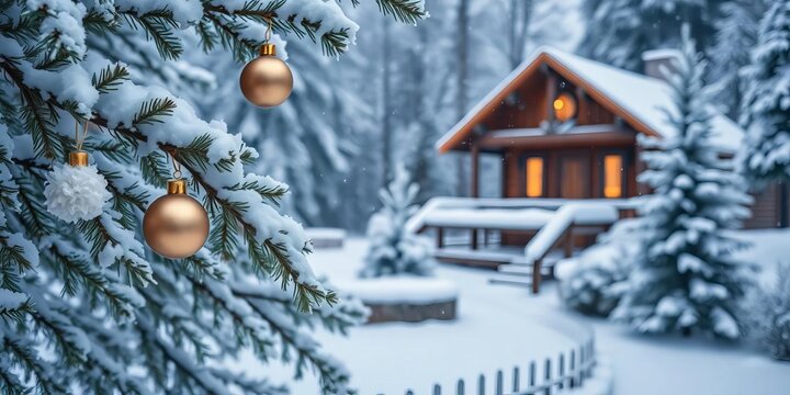 Falling snow on frosted pine branches, glistening ornaments, cozy cabin in distance, pine, ice