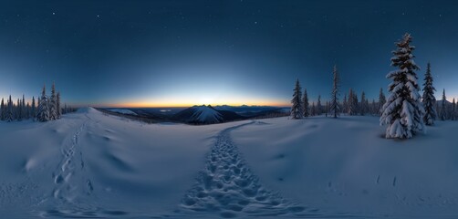 Panorama photo of snow covered mountains forest at night. Winter night sky with stars. Footprints in snow lead through scene. Amazing landscape view.