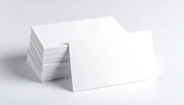 A stack of blank rectangular cards, with one card leaned against the stack. The background is white. Good lighting highlights edges