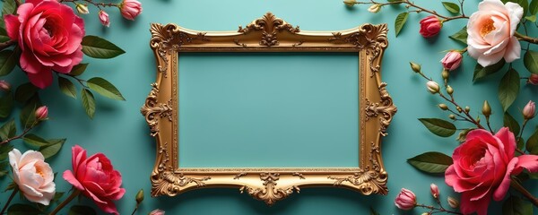 Luxury gold frame rests on teal wall with roses. Elegant picture framework surrounded by flowers. Floral wallpaper with decorative gilded photo border design. Empty space for text art. Perfect for