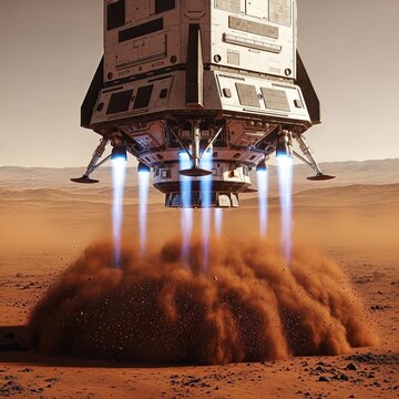 Un vaisseau spatial atterrit sur Mars, soulevant un nuage de poussi&egrave;re rouge.