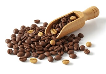 Fototapeta premium Fresh Roasted Coffee Beans with Wooden Scoop on White Background