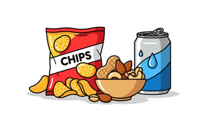 Colorful Illustration of Chips Nuts and Soda Can.
