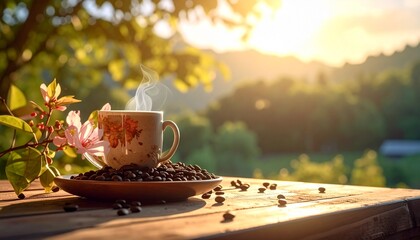 A peaceful morning view with a steaming cup of coffee and scattered beans on a rustic wooden table, bathed in the warm glow of a beautiful sunrise over rolling green hills and blossoming nature