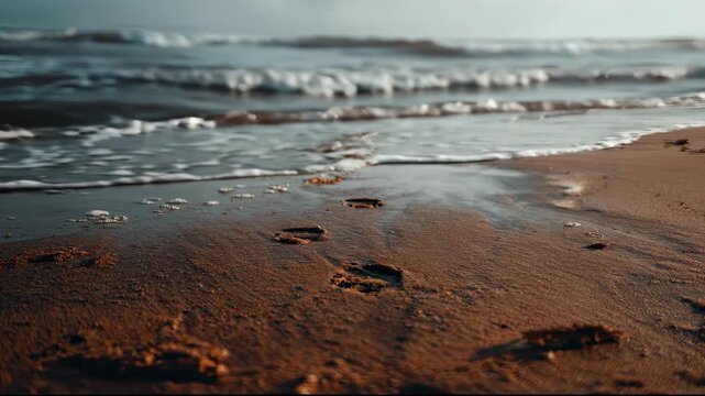 Footprints in the Wet Sand on a Beach at Sunset.