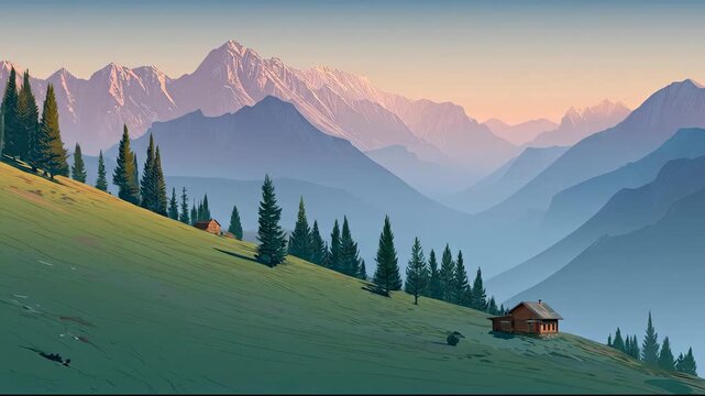 Peaceful Mountain Valley Landscape with a Secluded Cabin at Sunrise.