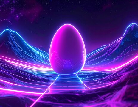 Glowing egg in a neon landscape with futuristic lines and mountain ridges