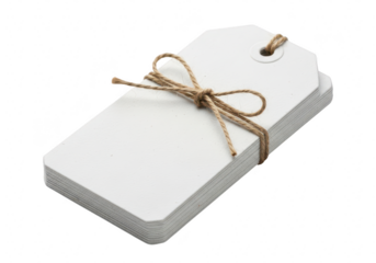 A stack of white paper tags tied with twine isolated on transparent background perfect for labeling, gift wrapping, or adding a rustic touch to your product presentation