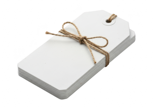 A stack of white paper tags tied with twine isolated on transparent background perfect for labeling, gift wrapping, or adding a rustic touch to your product presentation - Powered by Adobe