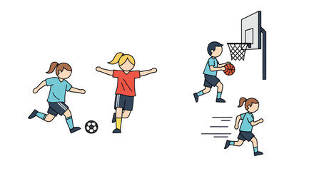 Happy cartoon children playing soccer basketball and running.