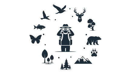 Silhouette of a Hiker Observing Wildlife with Binoculars.