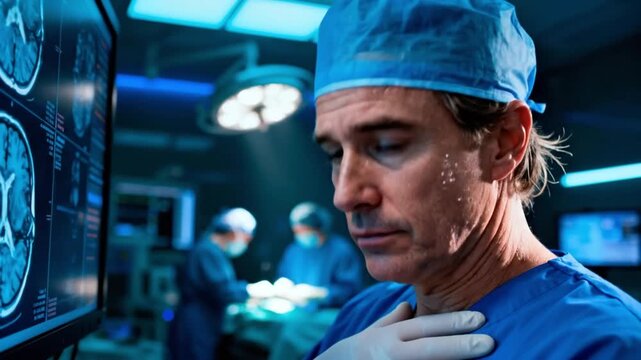 Caucasian neurosurgeon analyzing brain scans in OR