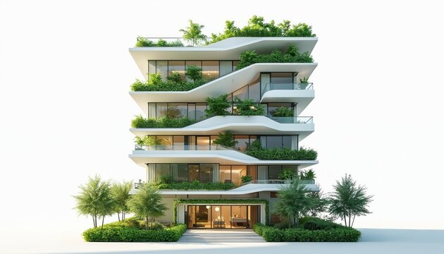 Modern apartment building with many plants on balconies and roof. Building has white facade and many windows. Green plants covers structure. - Powered by Adobe