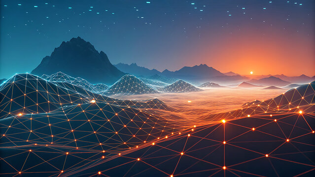 Futuristic digital landscape with glowing lights and network connections, depicting a hightech cityscape nestled among mountains at night