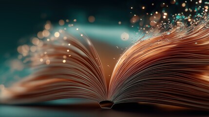 開かれた本から光の粒子と情報が流れるように表現された抽象的なイメージ | Abstract image representing the flow of light particles and information from an open book