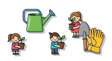 Children Planting Seedlings with Watering Can and Gardening Tools.