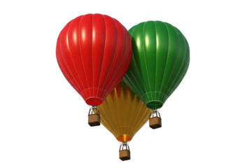 Three vibrant hot air balloons isolated on transparent background, ready for a colorful adventure, symbolizing freedom, travel, and the joy of soaring through the sky