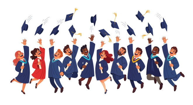 Group of Graduates Tossing Caps in Celebration of Graduation Day.