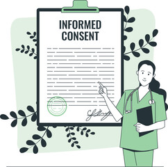 Doctor explaining informed consent document with stethoscope and plants nurse medical