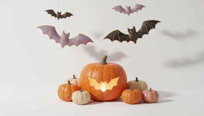Halloween pumpkin display with bats indoor decorative scene festive mood