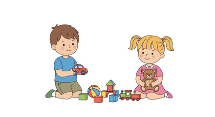 Children playing with toys including blocks a car and a teddy bear.