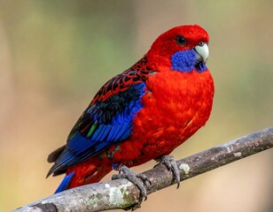 Obraz premium A vibrant bird with striking red, blue, and black plumage perched on a branch, showcasing detailed feathers