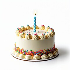 Vanilla cake with white frosting and blue striped candle sits on white background. Decorated with piped frosting swirls and colorful sprinkles. Ready for celebration.