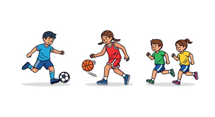 Cartoon Children Playing Soccer and Basketball Running Together.