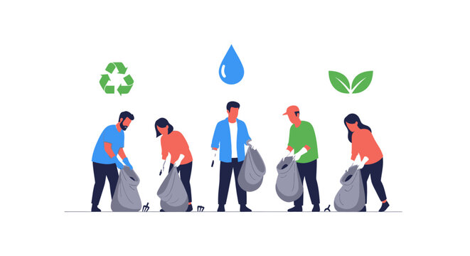 Group of People Cleaning Up Trash Promoting Environmental Awareness and Sustainability.