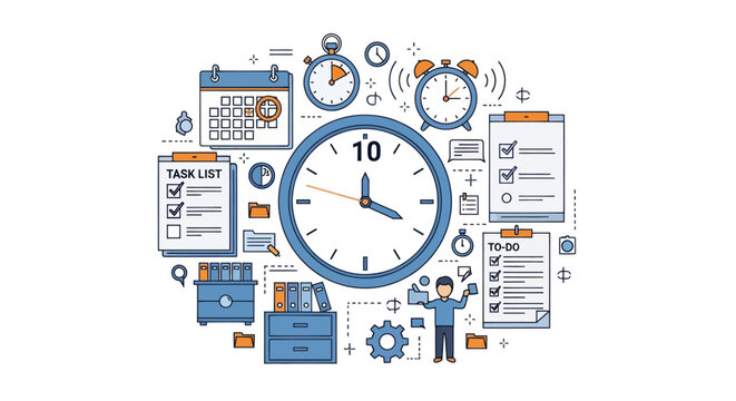 Business Time Management Concept with Clock Calendar and Productivity Icons.