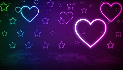 Neon Hearts and Stars Pattern on Dark Background